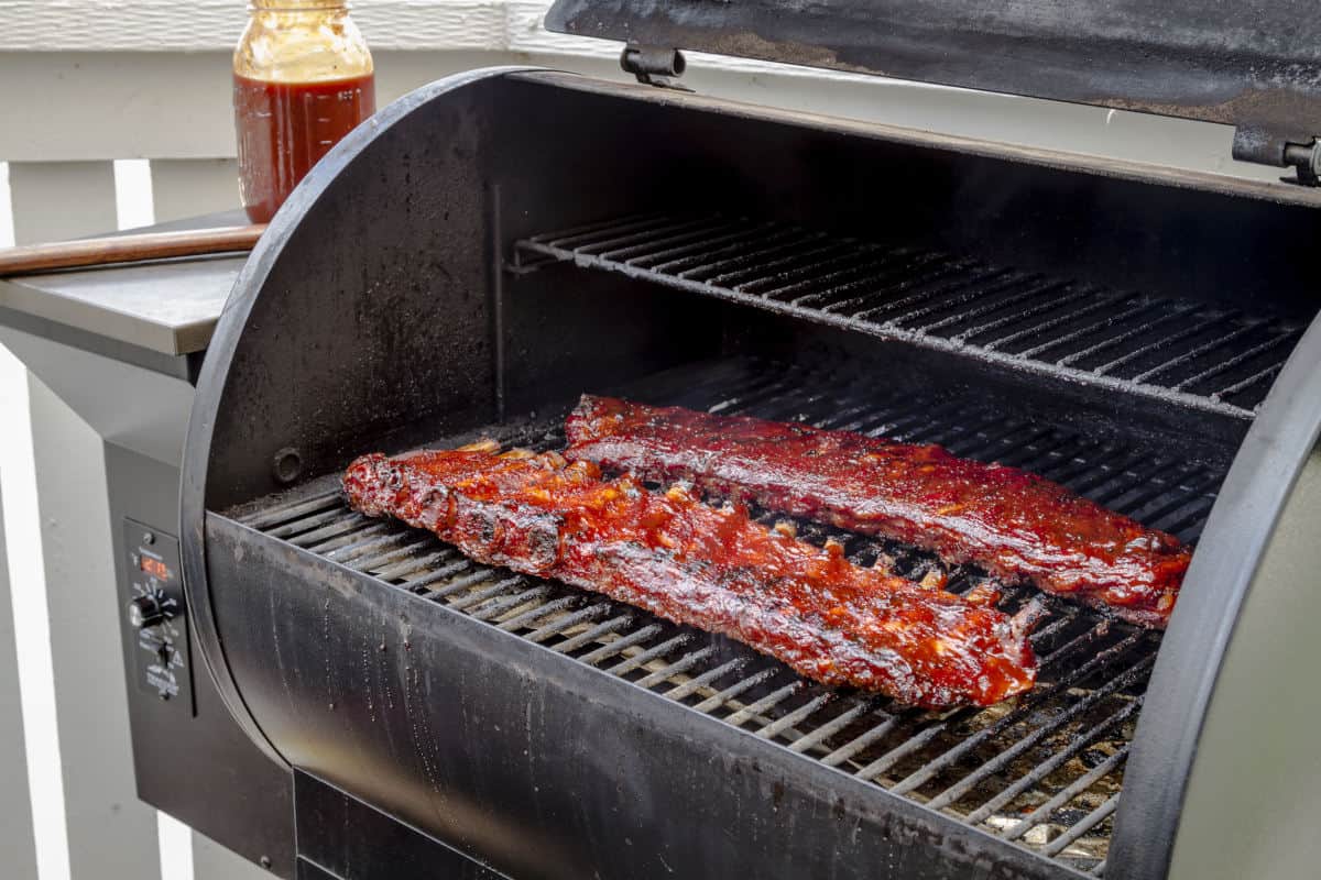 Two racks of ribs in a pellet smo.