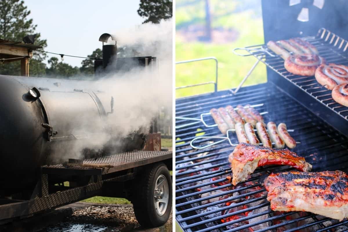 A large smoking BBQ, beside a msall grill with sausages cook.