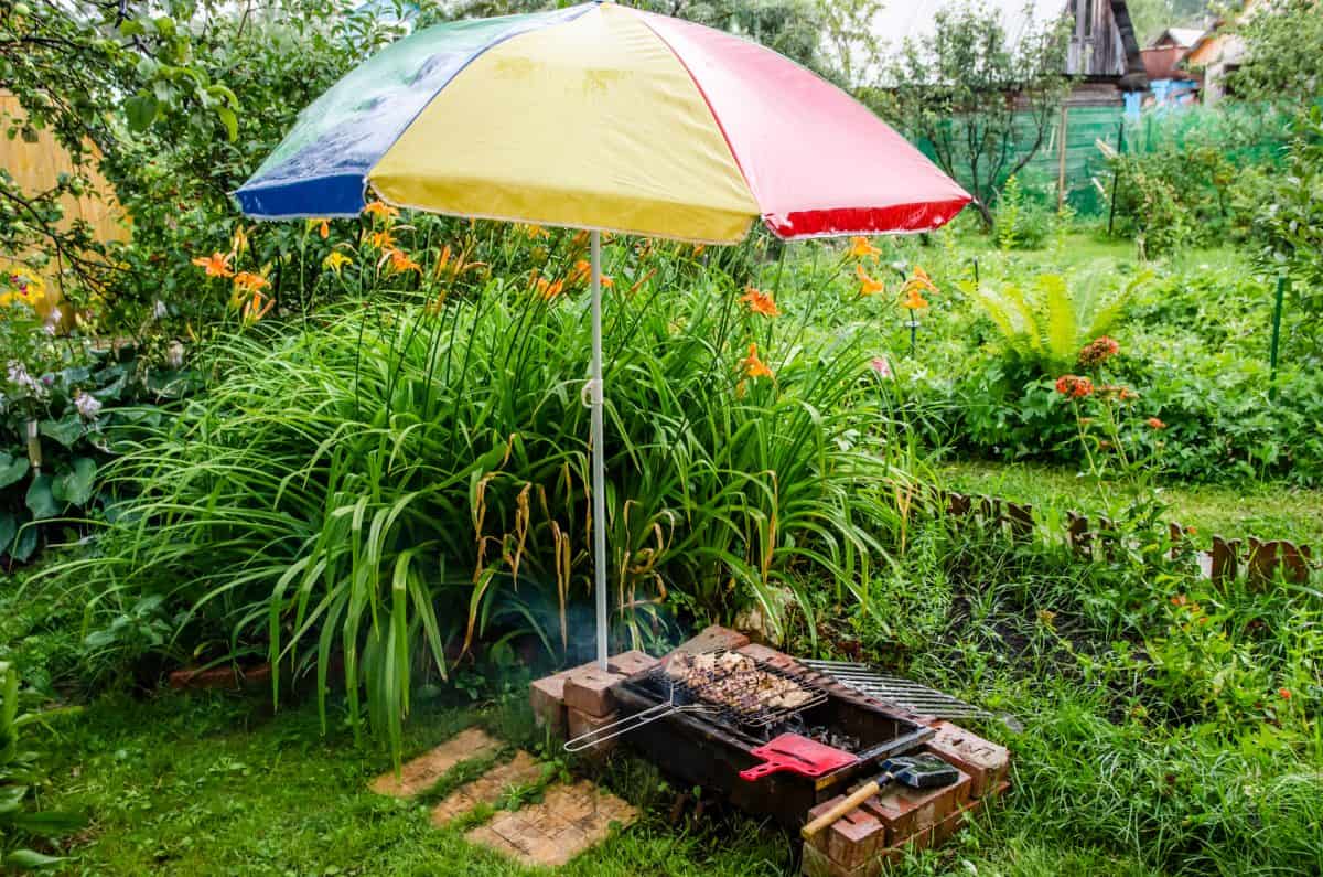 A patio umbrella over kebabs on a low grill in the r.