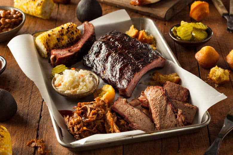 Smoked BBQ platter including ribs and brisket