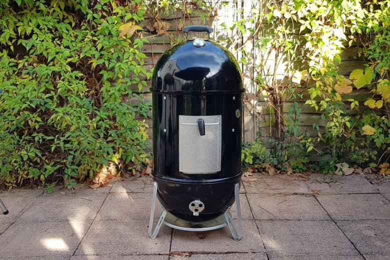 Close up of Weber Smoky Mountain bullet smoker