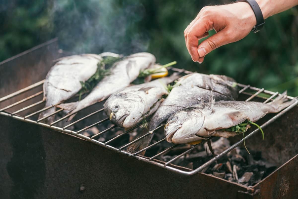 Five fish stuffed with herbs and lemon, being sprinkled with salt while over a charcoal grill