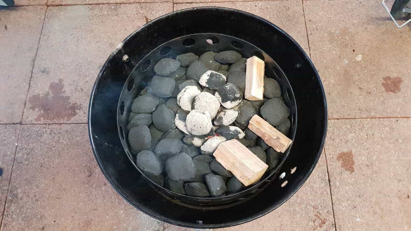 Overhead view of Minion method used in a weber smoky mountain.