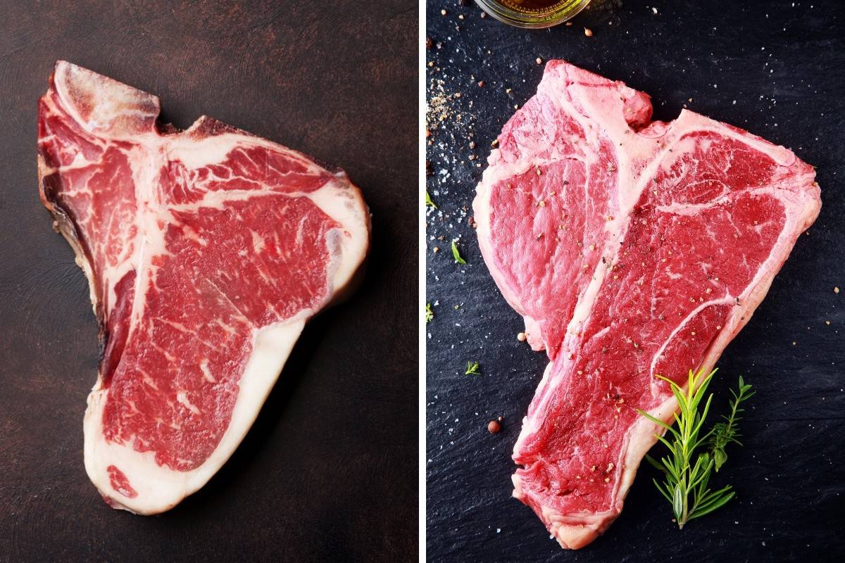 Two photos, one each of raw T-bone and Porterhouse ste.