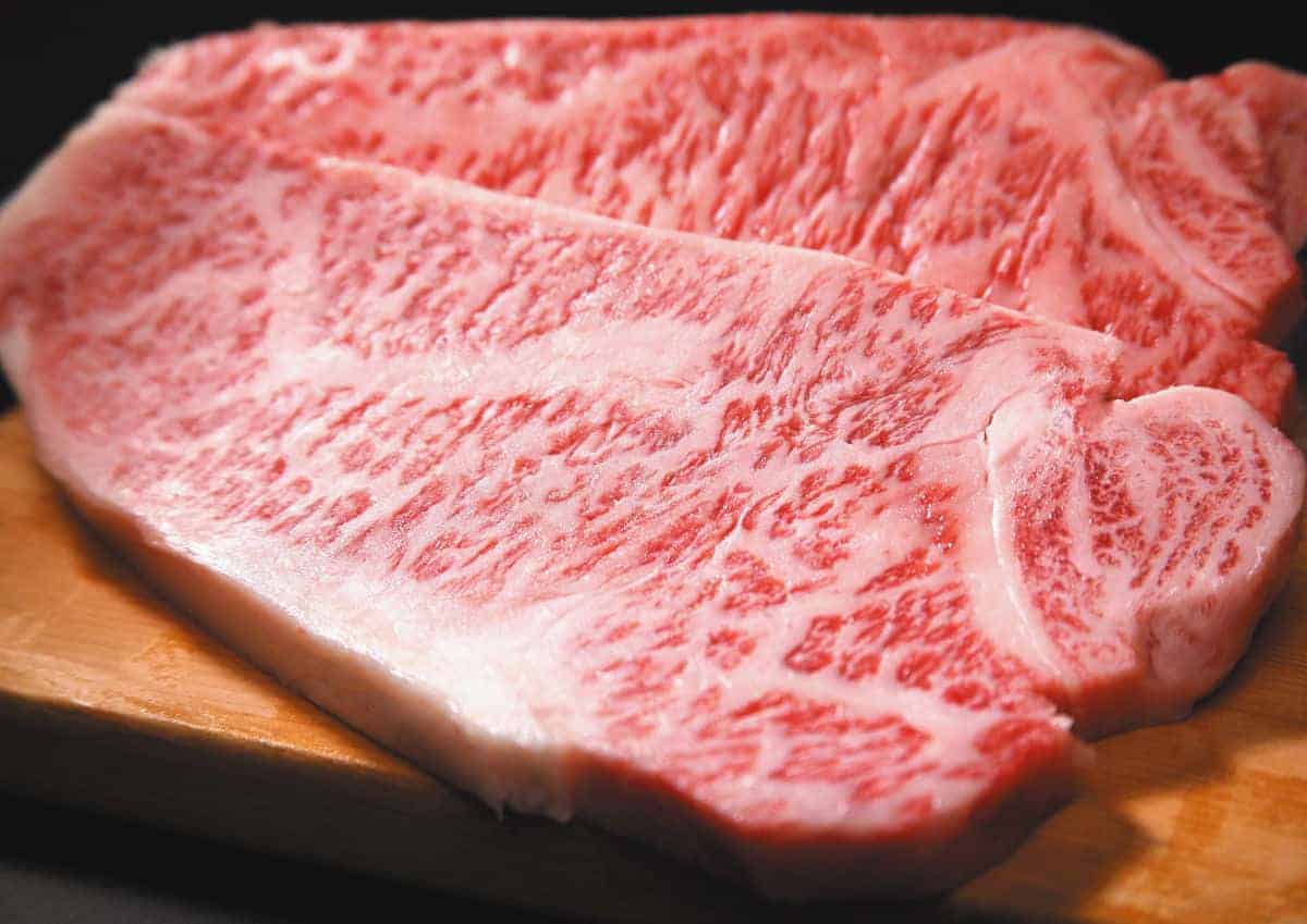 A close up from some highly marbled Wagyu b.