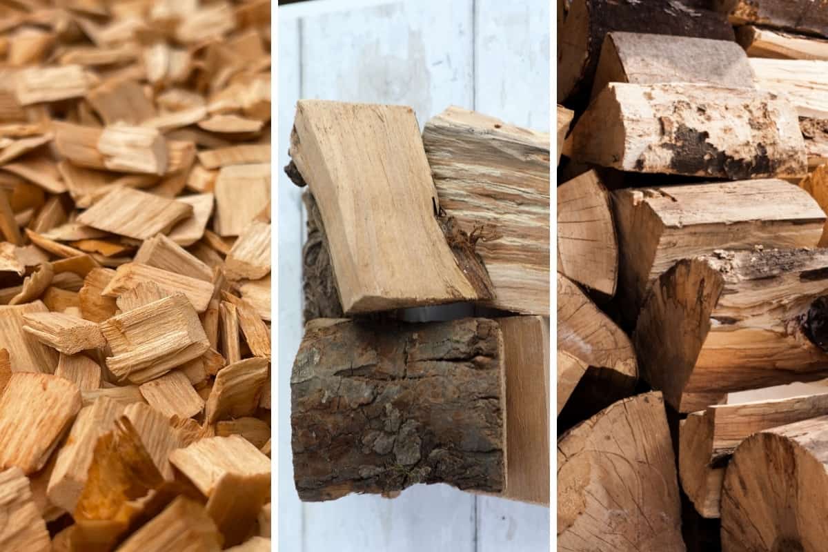 Wood chips, chunks and logs in 3 photos in a montage