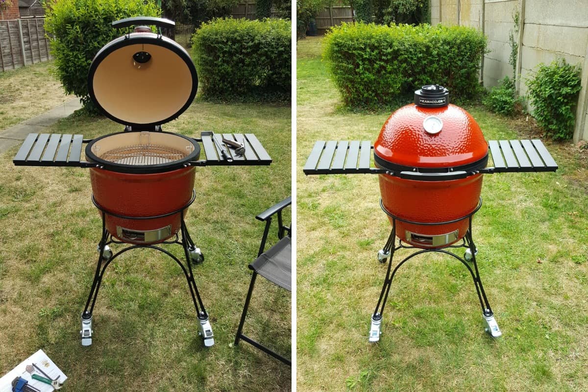 Two images of the Kamado Joe version 1 assembled, one with lid open and one with lid closed.