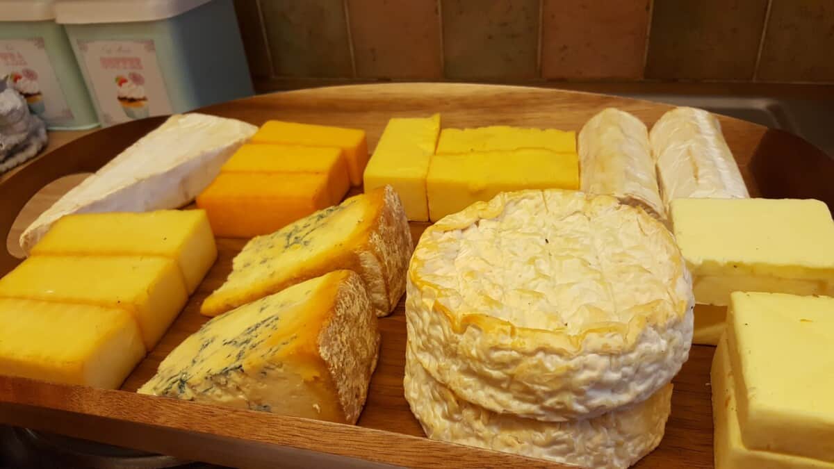 Cold smoked cheeses on a dinner tray.