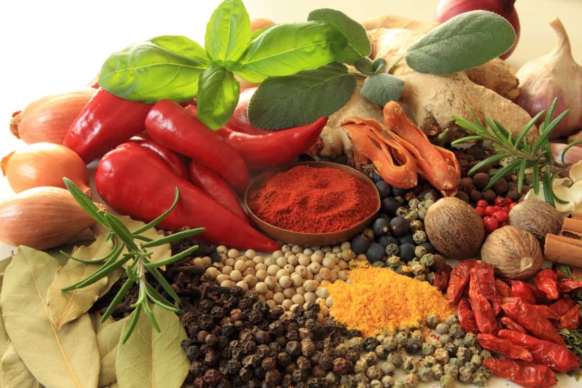 A wide selection of herbs and spices arranged for a photograph on a white surf.