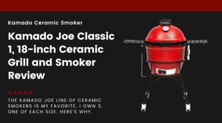 A Kamado Joe Classic 1 isolated on black, next to text describing this article as a review.