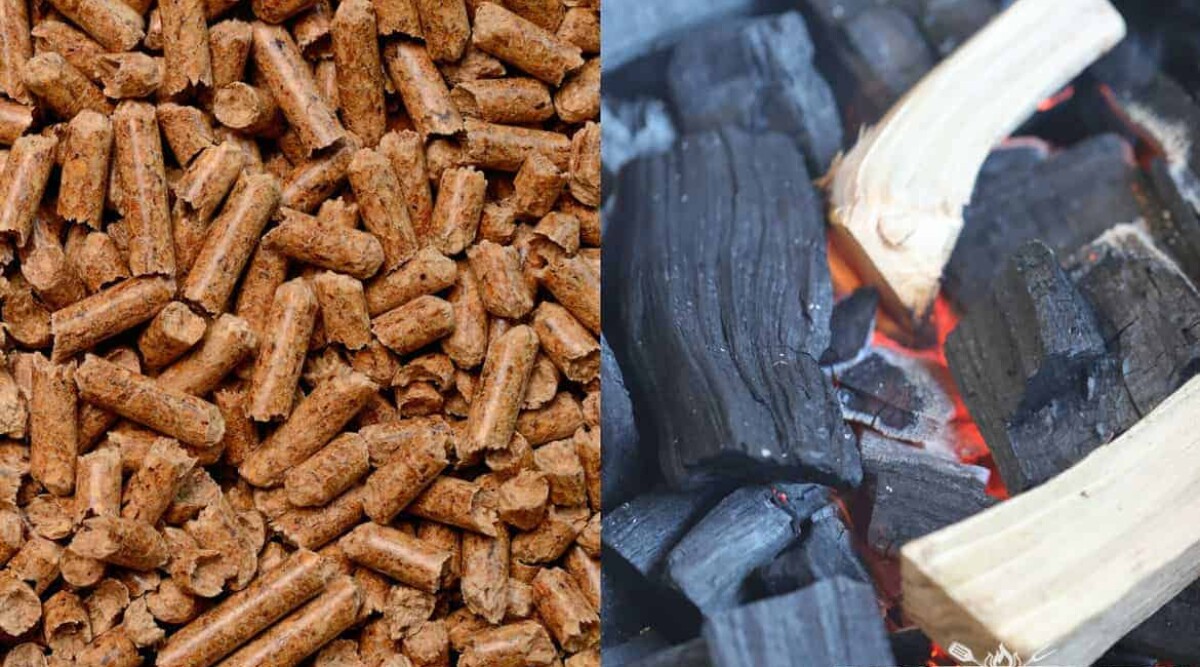 Wood pellets and lumpwood charcoal side by side, with some smoking wood chunks on the coal.
