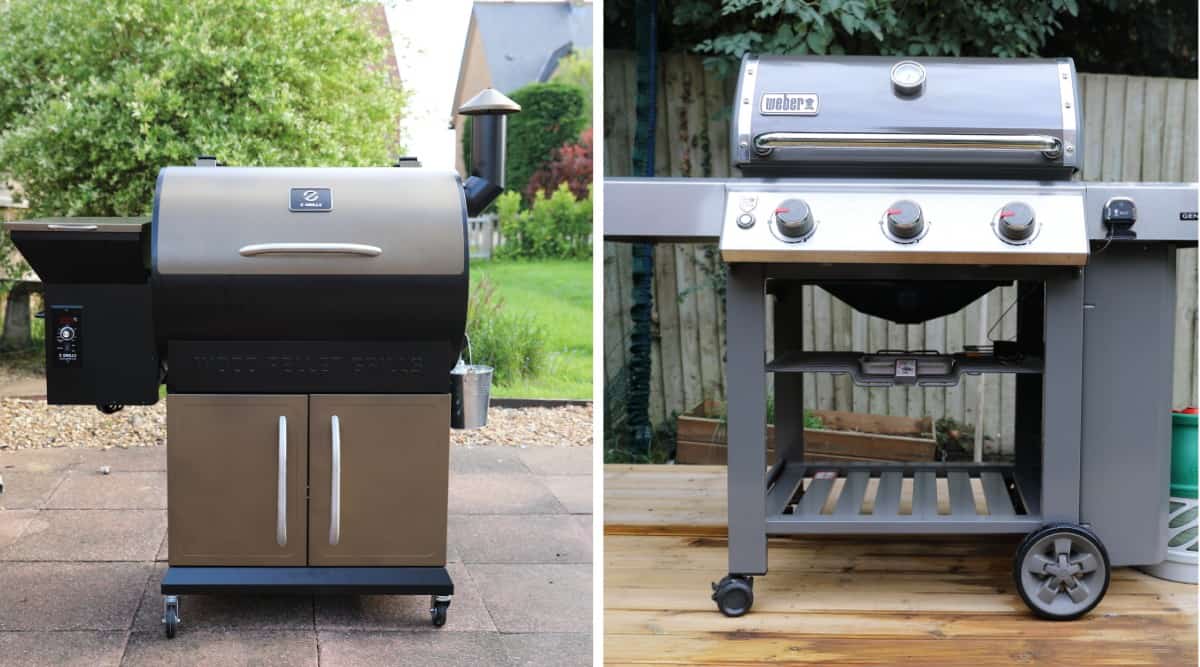 Two photos side by side, one of a pellet grill and one of a gas grill.