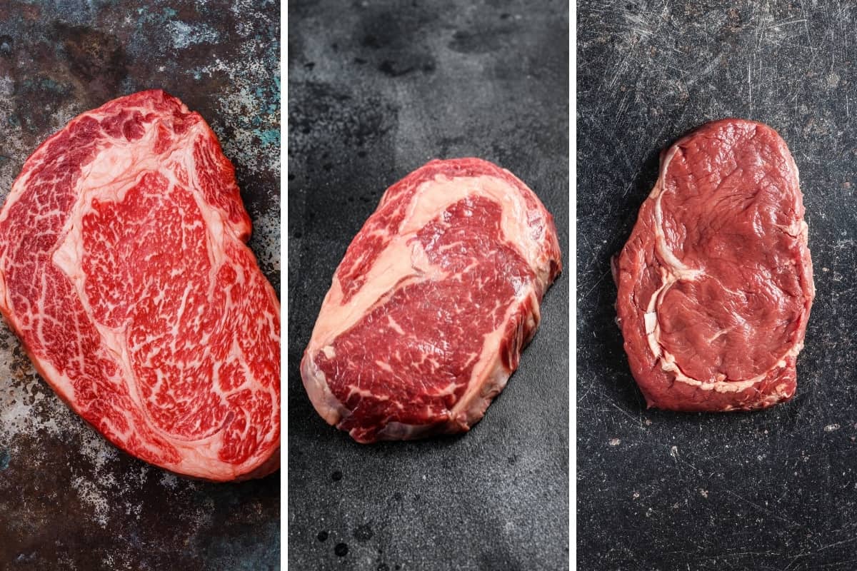 3 steak photos, one each of a prime, choice and select ribeye, next to each ot.
