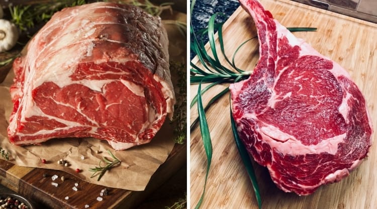 A raw prime rib and a raw bone in ribeye, side by side in two separate photos.