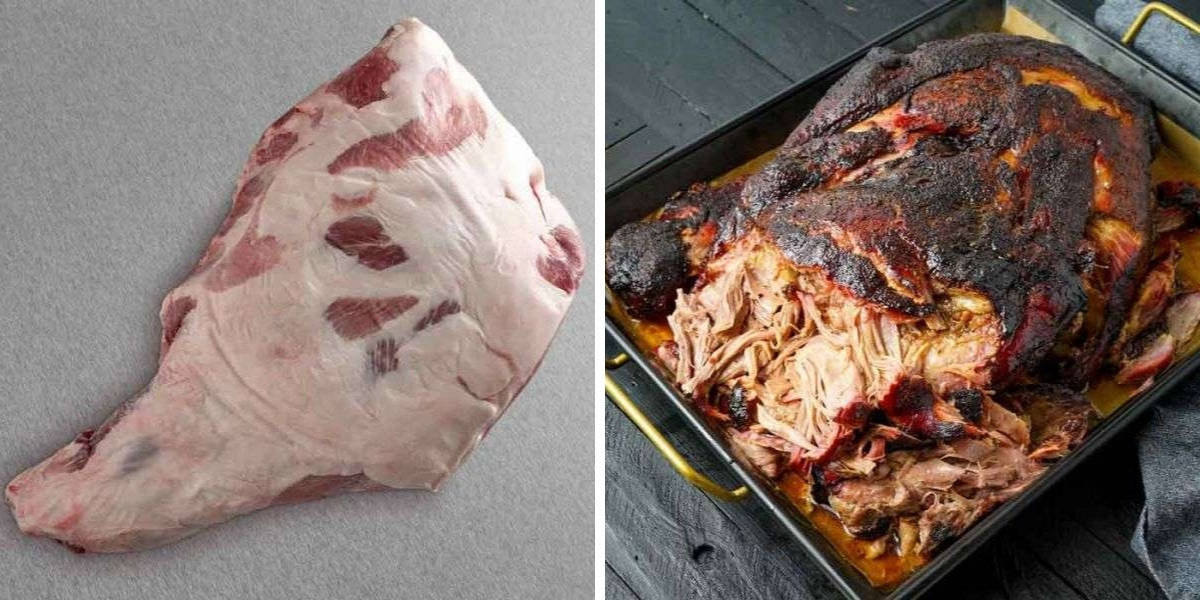 Two photos of Snake River Farms pork shoulder, one raw and one cooked, side by s.