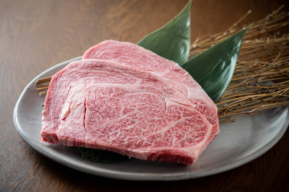 Two wagyu ribeye steaks on a gray plate, sitting on two leaves and some sort of tw.