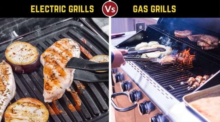 Electric vs gas grill written above a photo of one of each, both full of meat cooking