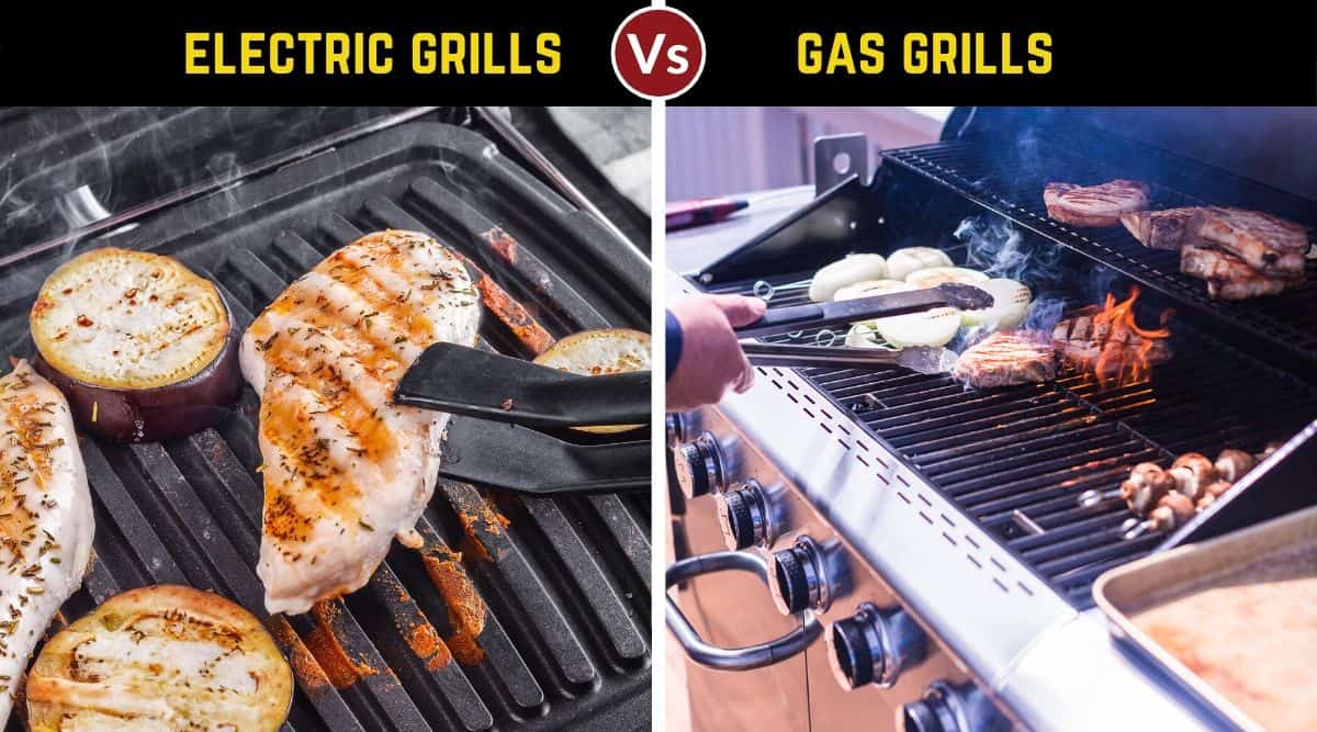 Electric vs gas grill written above a photo of one of each, both full of meat cooking.