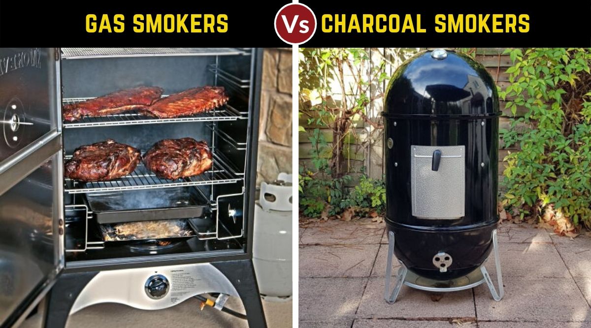 gas vs charcoal smoker, written above one photo of each side by side.