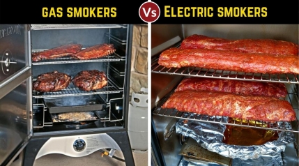 Gas vs electric smoker, written above 2 photos of one of each, both full of meat.