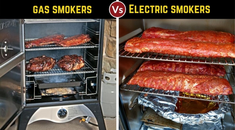 Gas vs electric smoker, written above 2 photos of one of each, both full of meat