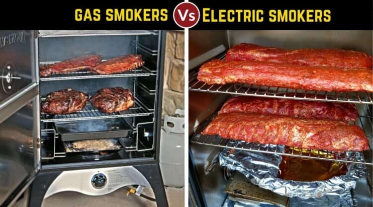 Gás vs elétrica fumador, está escrito acima, 2 fotos de um de cada, ambas cheias de carne