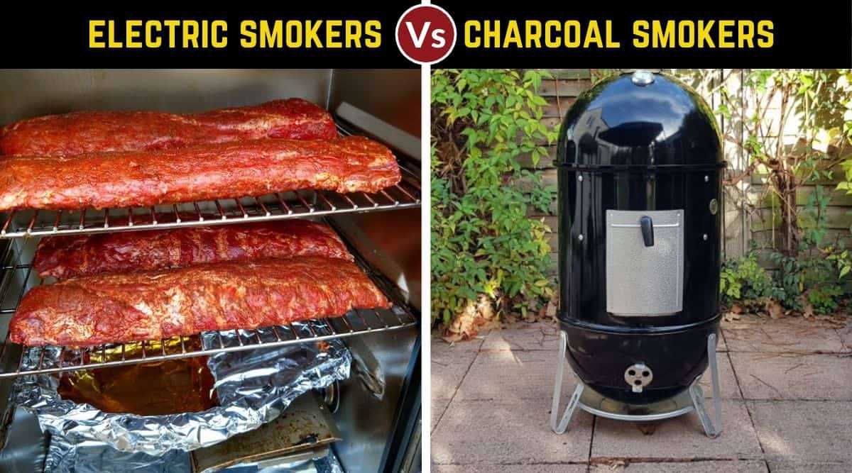 Electric vs charcoal smoker, written above one of each, with the electric full of meat.