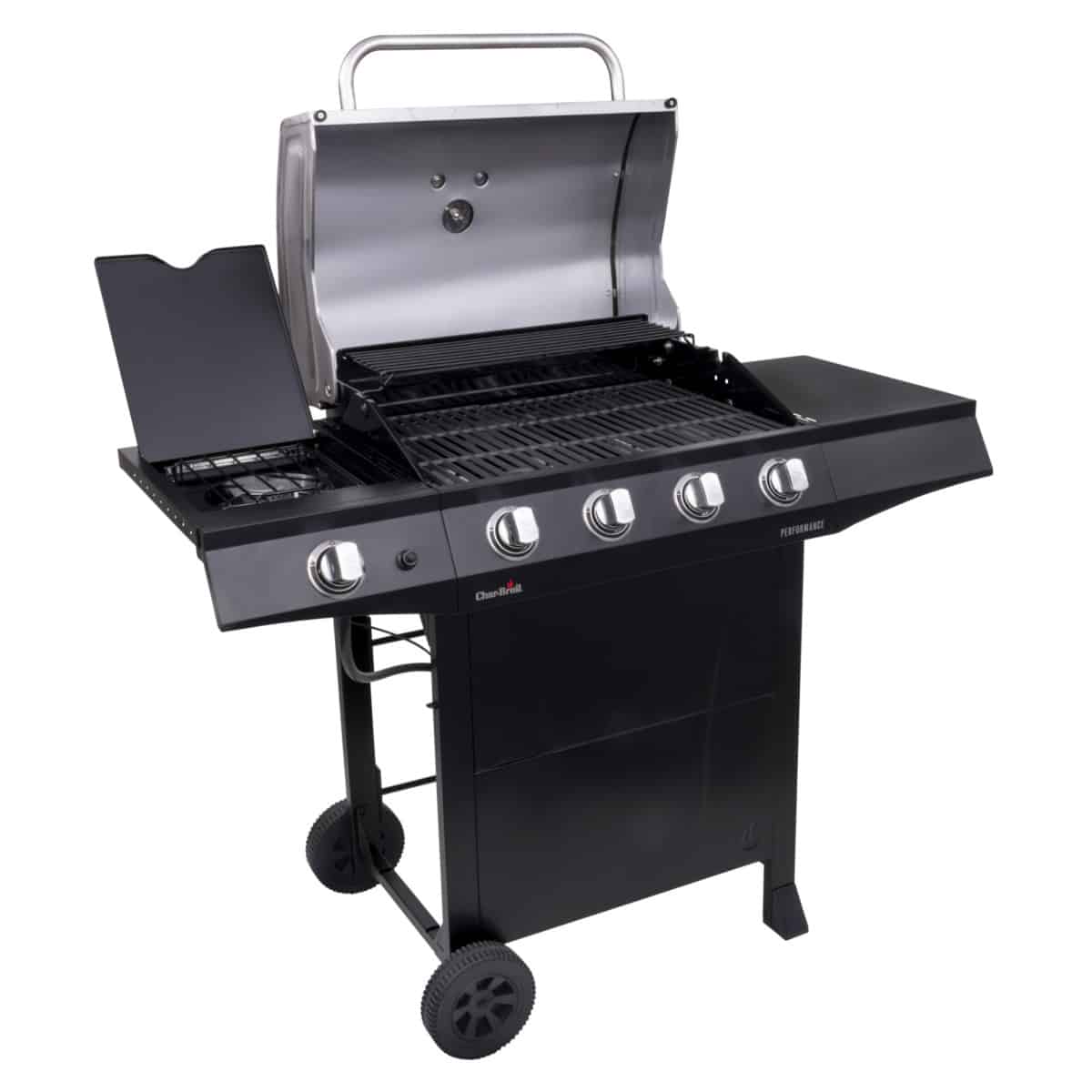 Char-Broil Performance 4-Burner gas grill, shot from the side with the lid open, isolated on white.