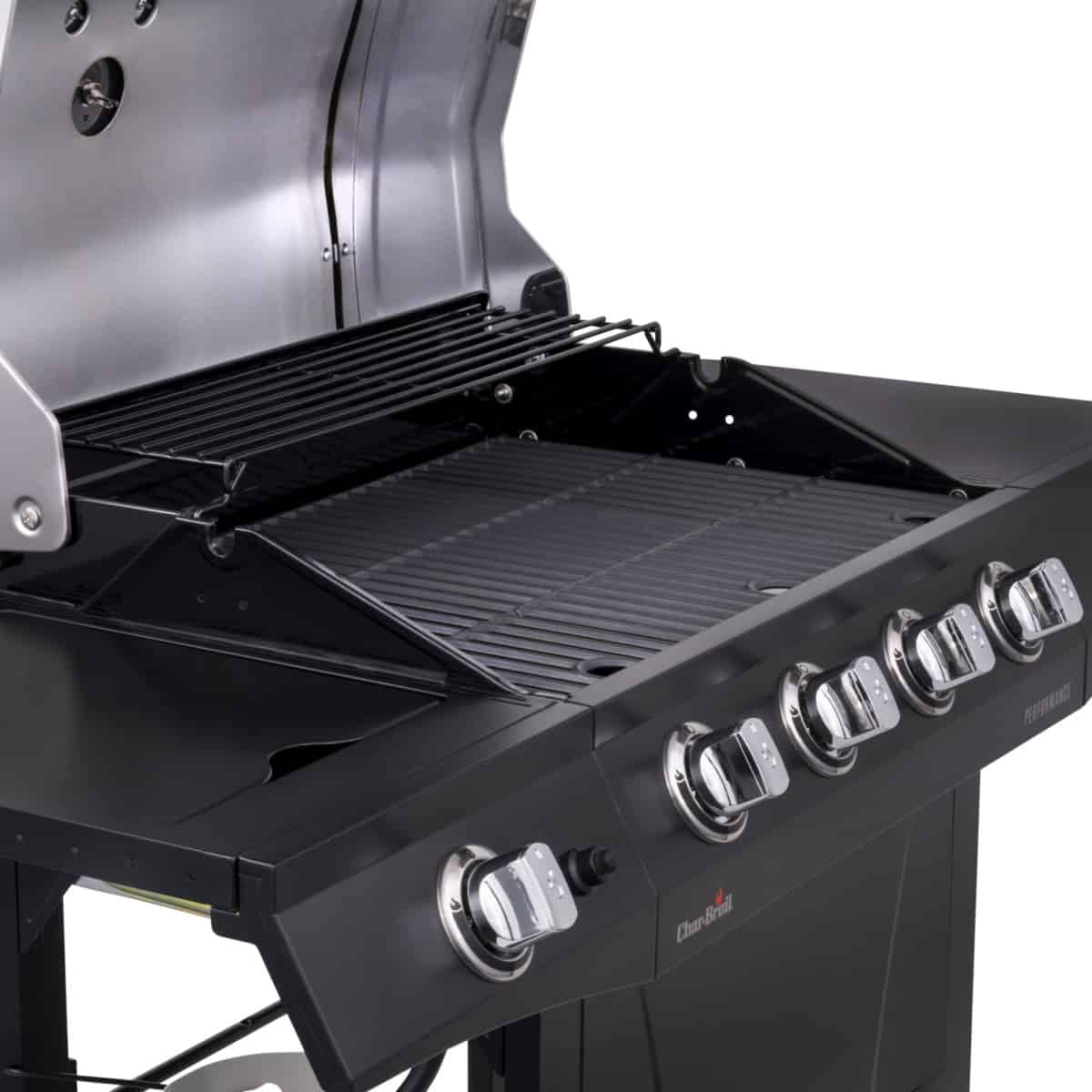 Close up of the Char-Broil Performance 4-Burner gas grill grates and gas burner control knobs
