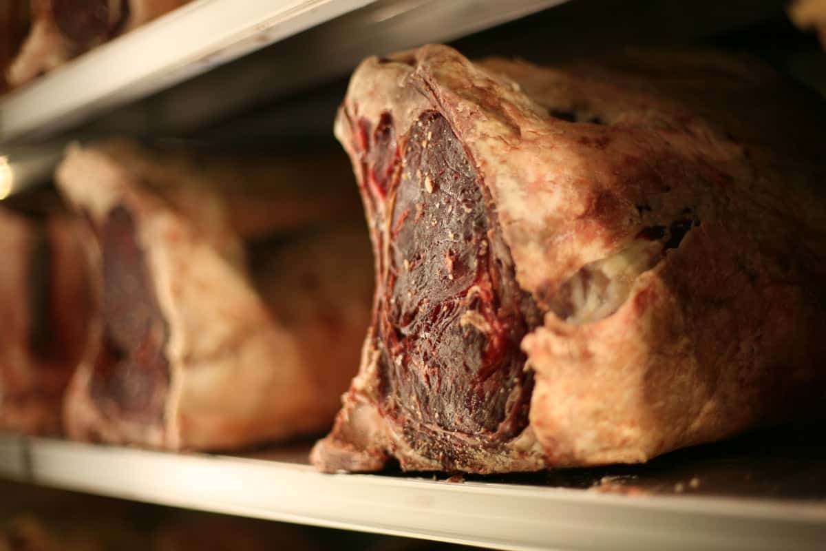 Close up of a dry-aged rib of beef in a dry aging cabi.