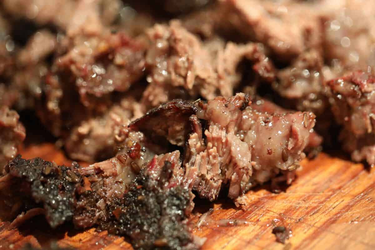Close up of pulled beef cheeks