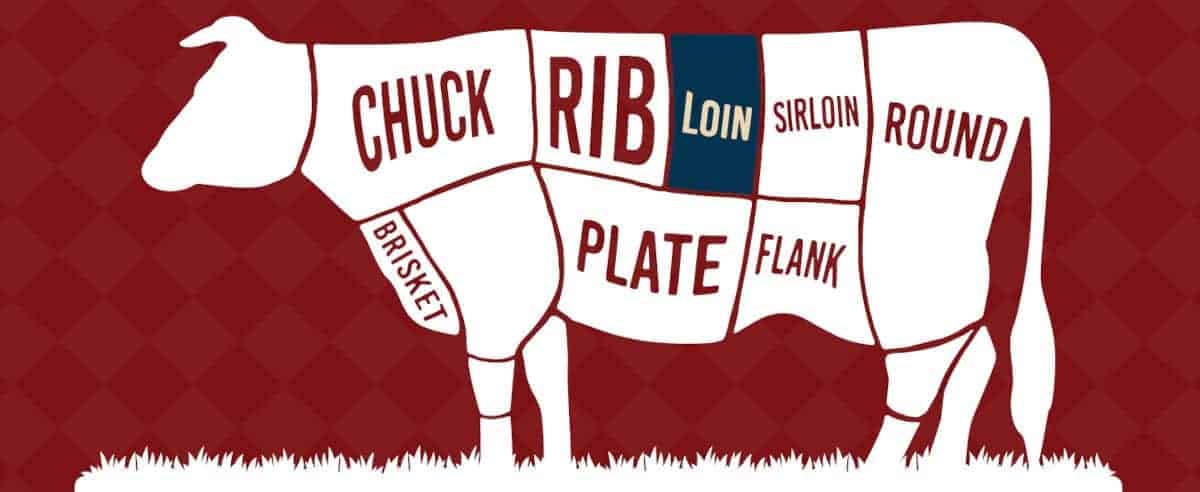 Diagram showing the loin primal on a cow