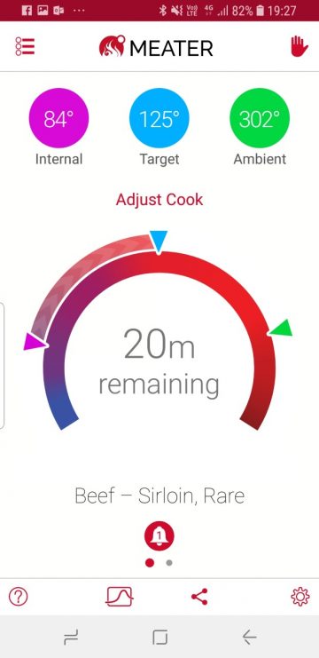 Meater app screenshot mid-cook showing pit temp, food temp and time left to c.