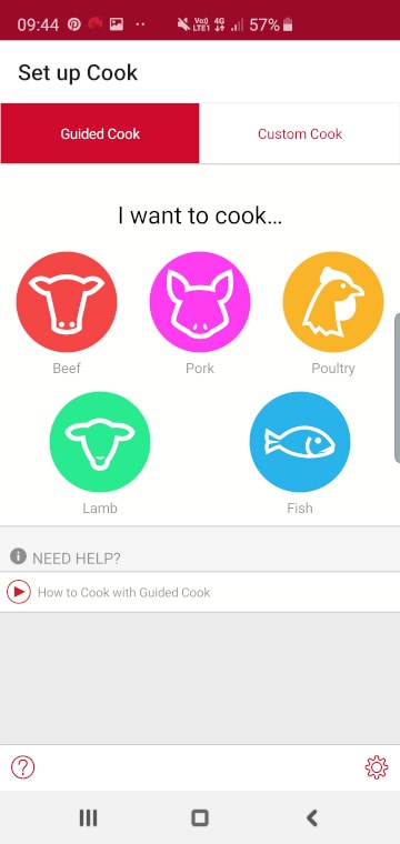 Screenshot of selecting meat to cook on the Meater