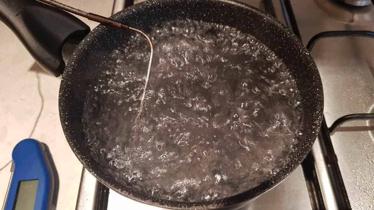 A pan full of boiling water with a thermometer probe in