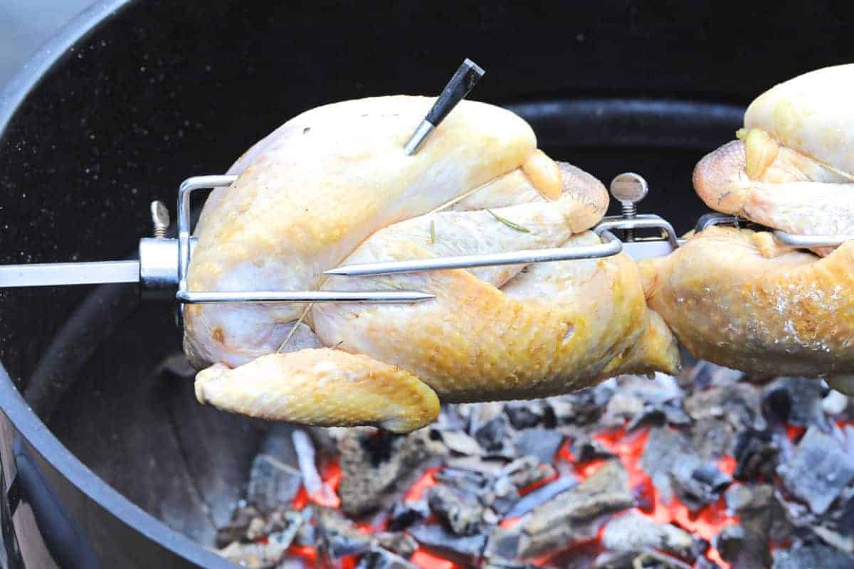 Meater thermometer in a partridge on a rotisserie