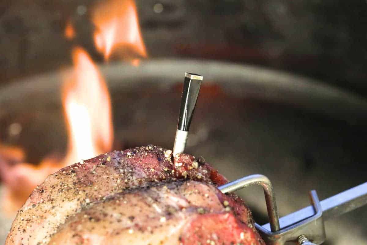 rotisserie sirloin with a Meater thermometer probe inser.