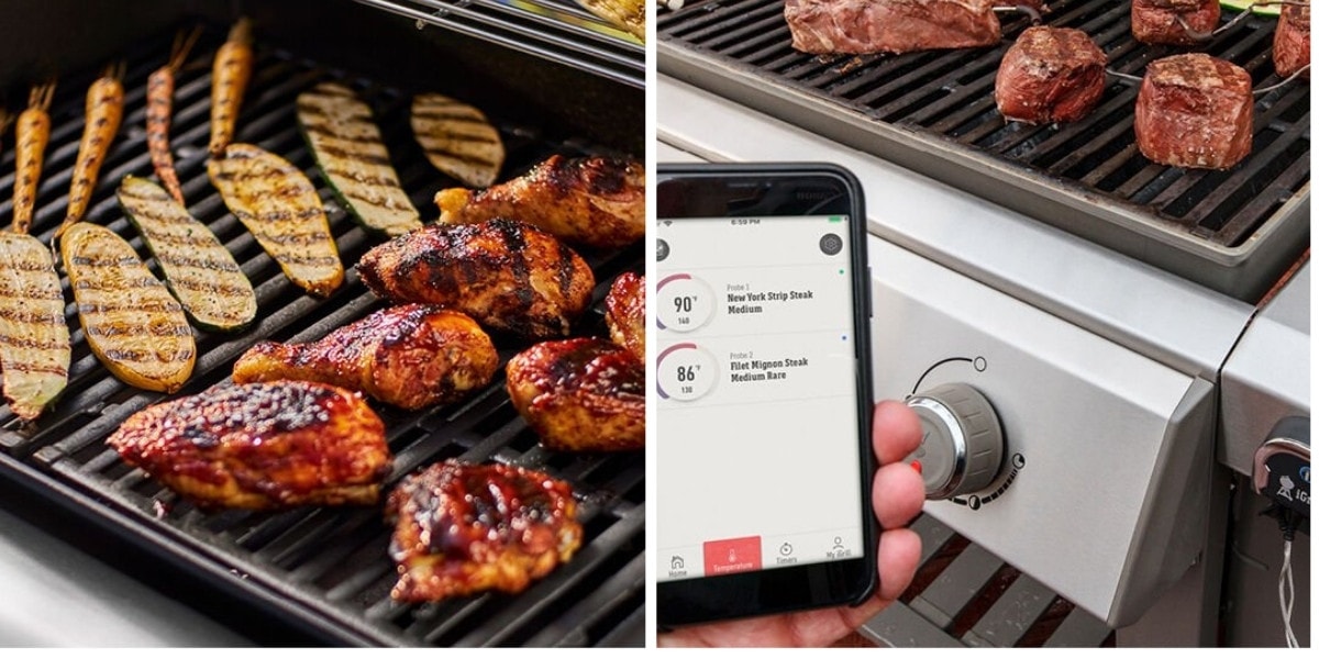  Weber spirit food on grates, and iGrill thermometer linked to a smartph.