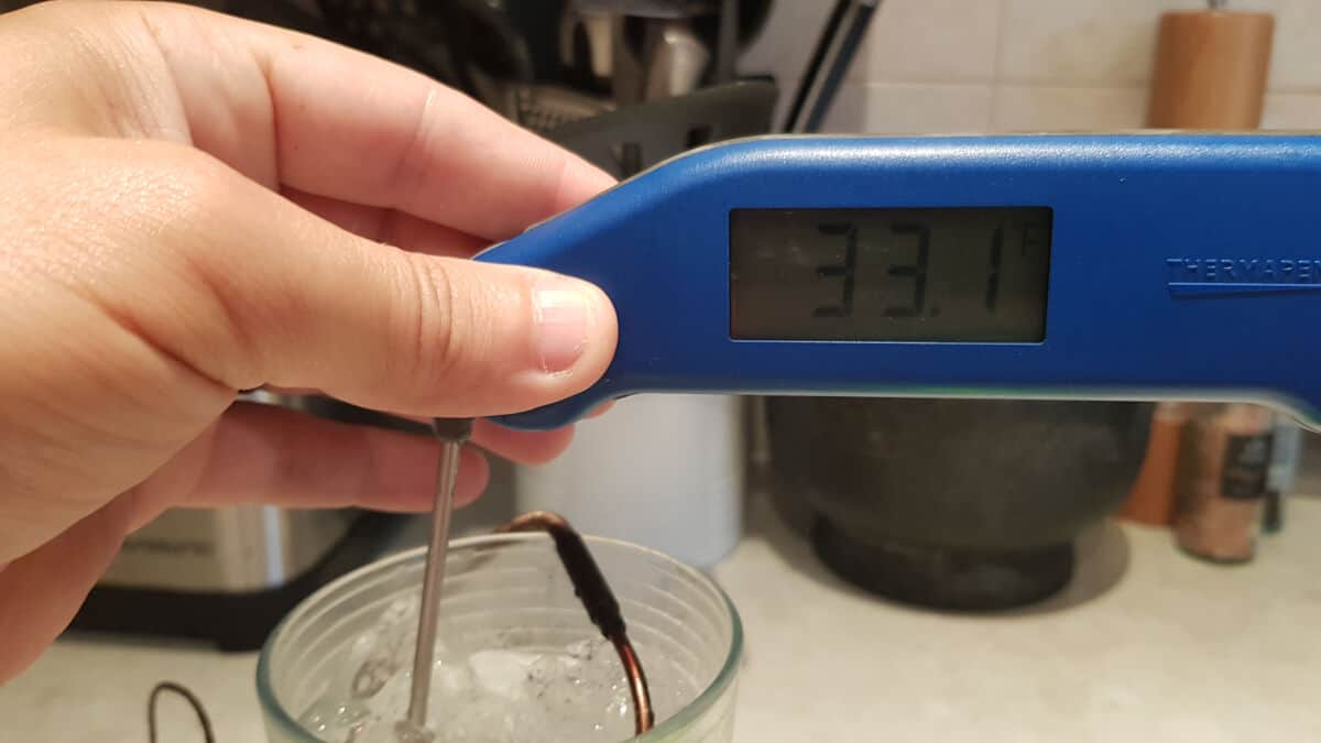 33.1F displayed on an instant read thermometer