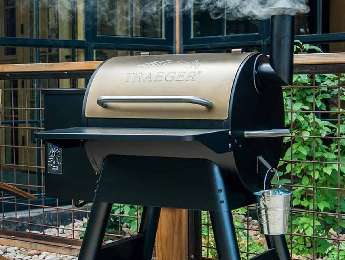 Traeger pro series 22 in front of a green bush with smoke coming out of the chim.