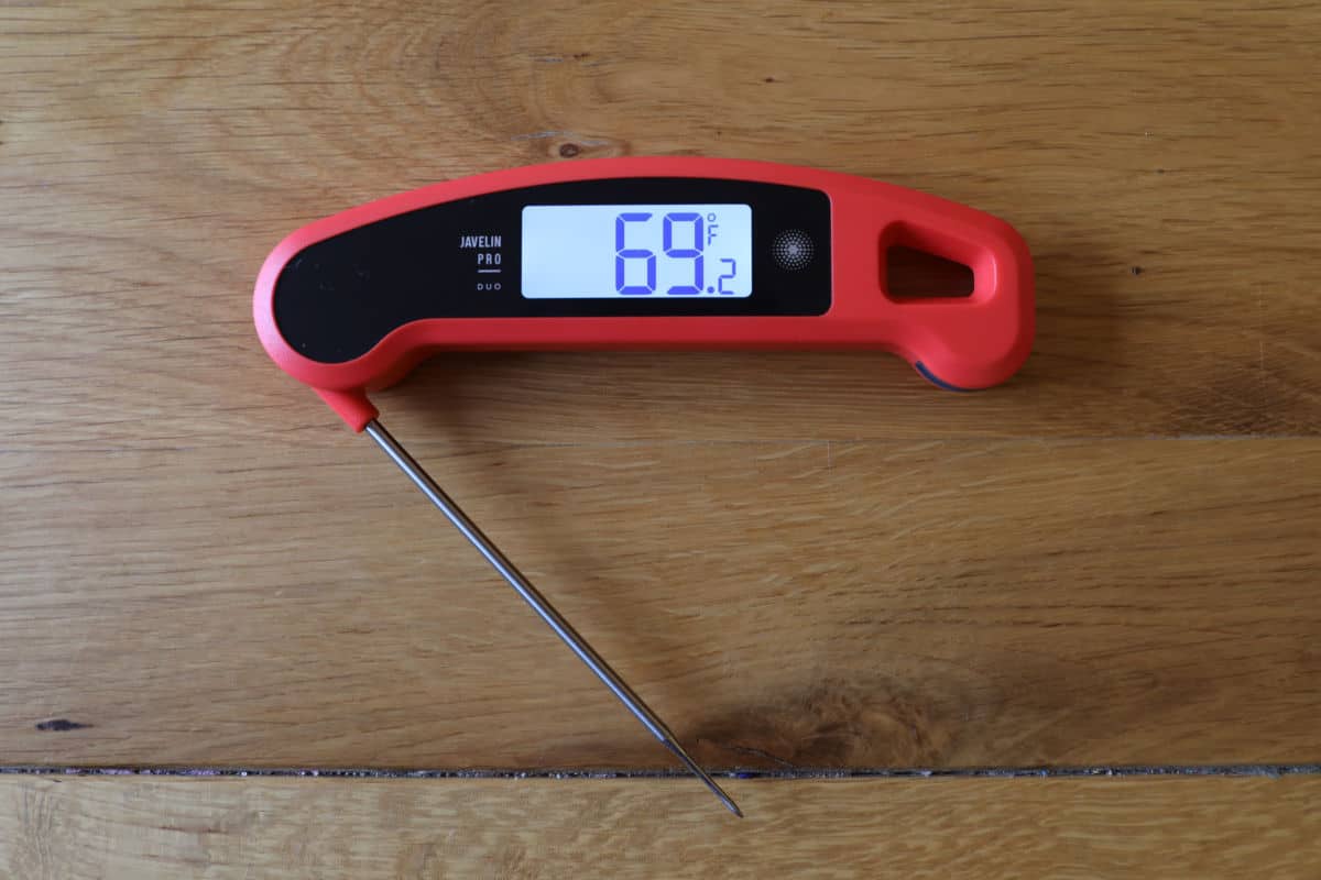 Instant read thermometer showing 69.2 degrees Fahrenheit