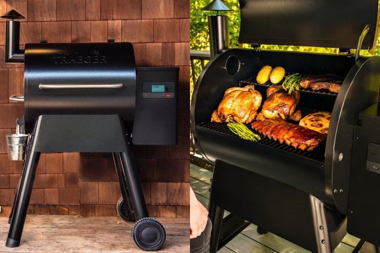 2 images of Traeger pro series 22 in backyards, one lid closed, one lid open full of food being smoked