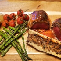 beef wellington, asparagus and bone marrow