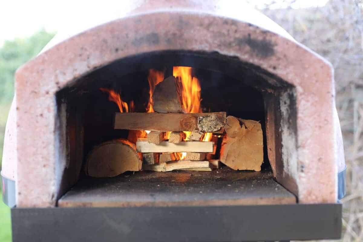  Wood fired oven with varying sized wood on fire just ins.