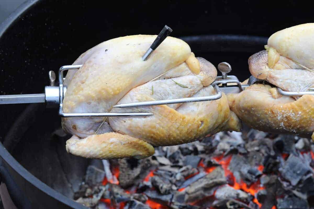 Meater probe in a rotisserie game bird.