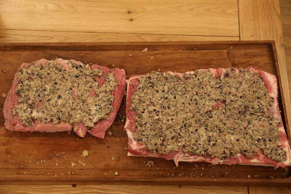 Pork loin and belly with stuffing mix spread o.