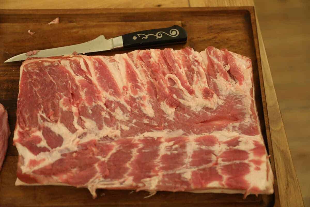 Trimmed pork belly with rib meat remo.