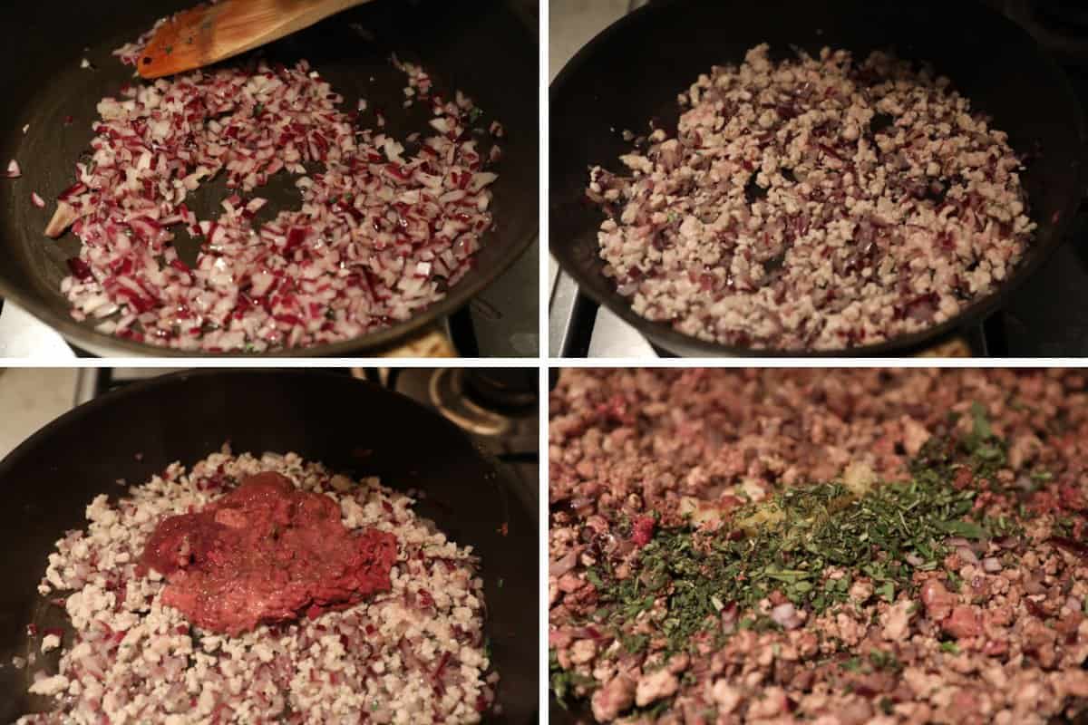 A photo montage showing the 4 steps of making porchetta stuff.