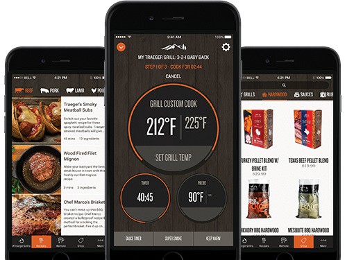 Three screenshots of Traeger Smartfire app on smartphones.