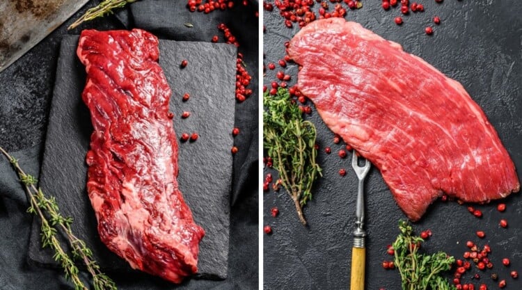 skirt steak vs flank steak, in two photos side by side, both on a slate board with herbs and spices.